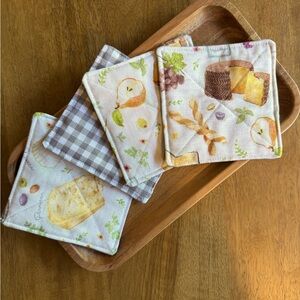 Set of 4 Spring Picnic Fruit Cheese and Bread Patterned Gingham Fabric Coasters